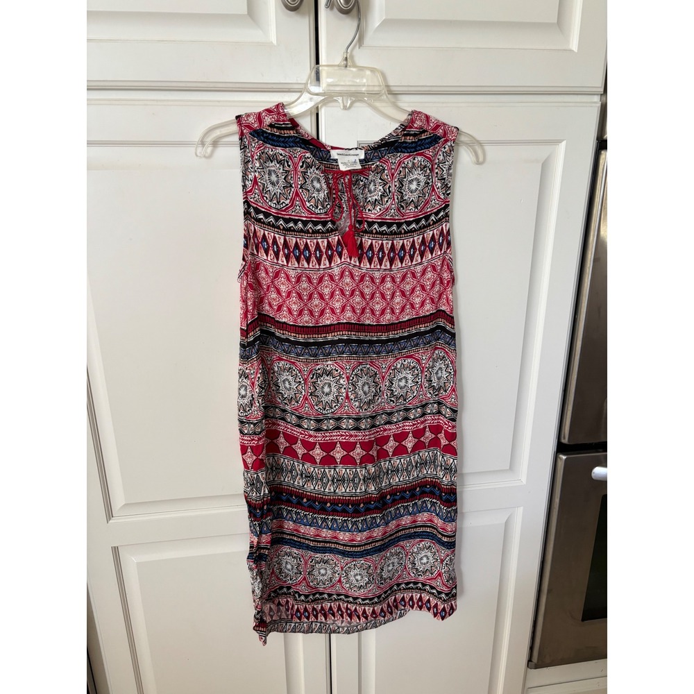 Beachlunchlounge Red Geometric Tribal Print Tassel Tie Sleeveless Shift Dress S‎